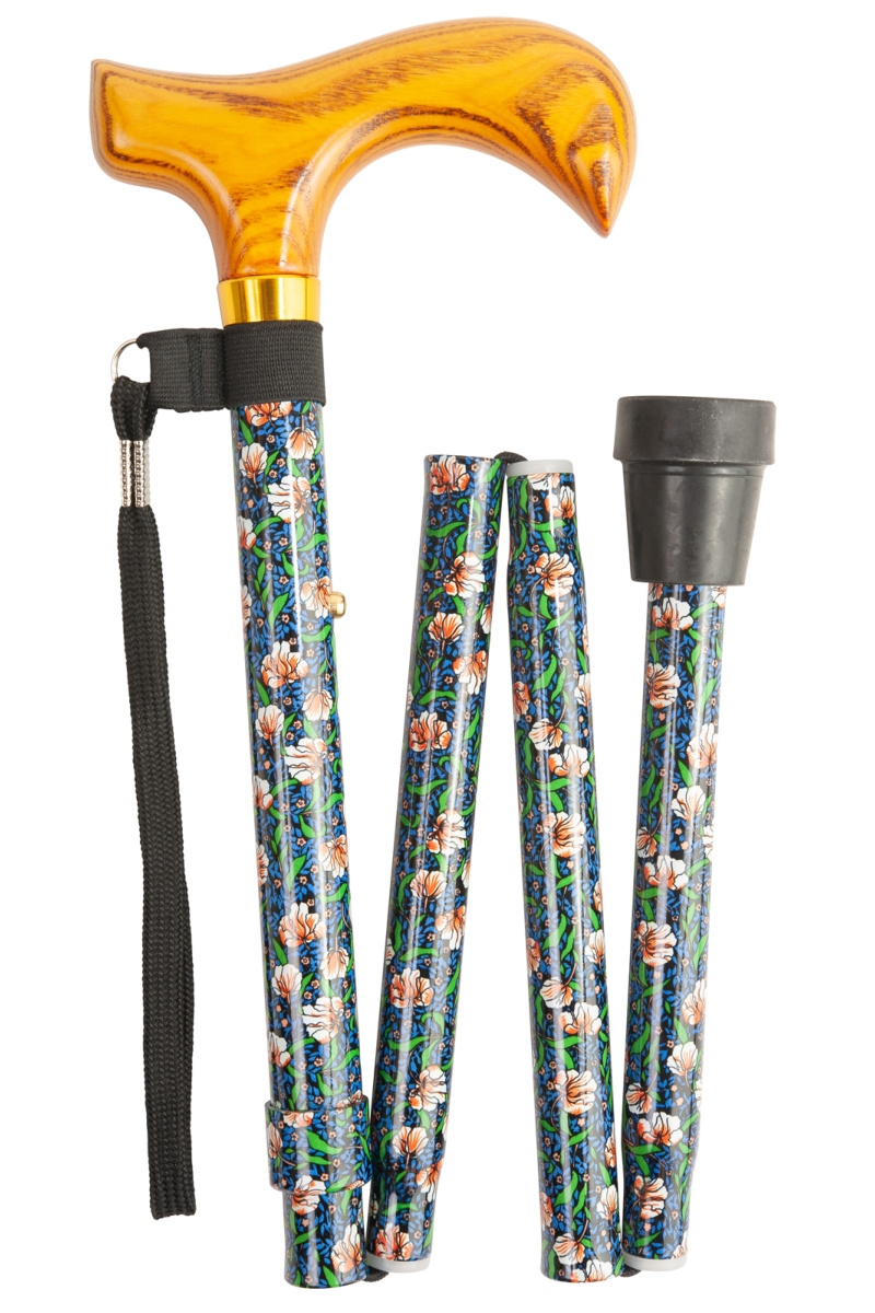 Deluxe Folding Walking Stick With Wooden Handle - Navy