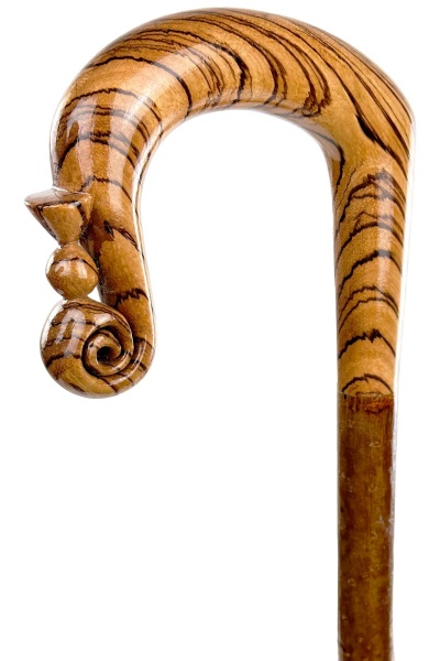 Handmade Scroll & Thistle Zebrano Shepherd's Crook on Hazel Shaft